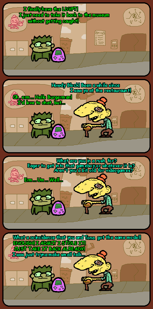 A battle of wits between Block and Burgerman.